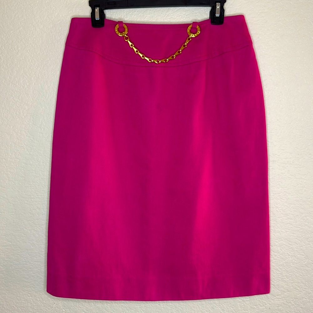 CELINE PARIS Hot Pink Denim Jean Gold Chain Belt Barbie Western Vintage Skirt 44